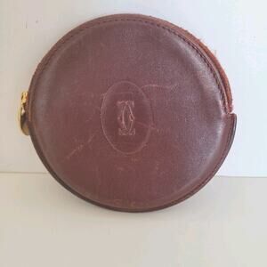 Cartier Vintage Mini Coin Holder Wallet Bordeaux Leather Small Red Round Zip
